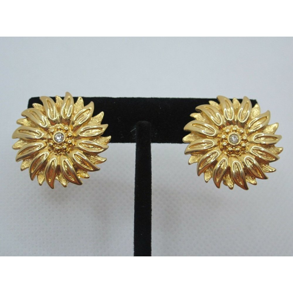 Joan Rivers Clip-on Gold Tone Sunflower Crystal Earrings Trendy Stylish Look